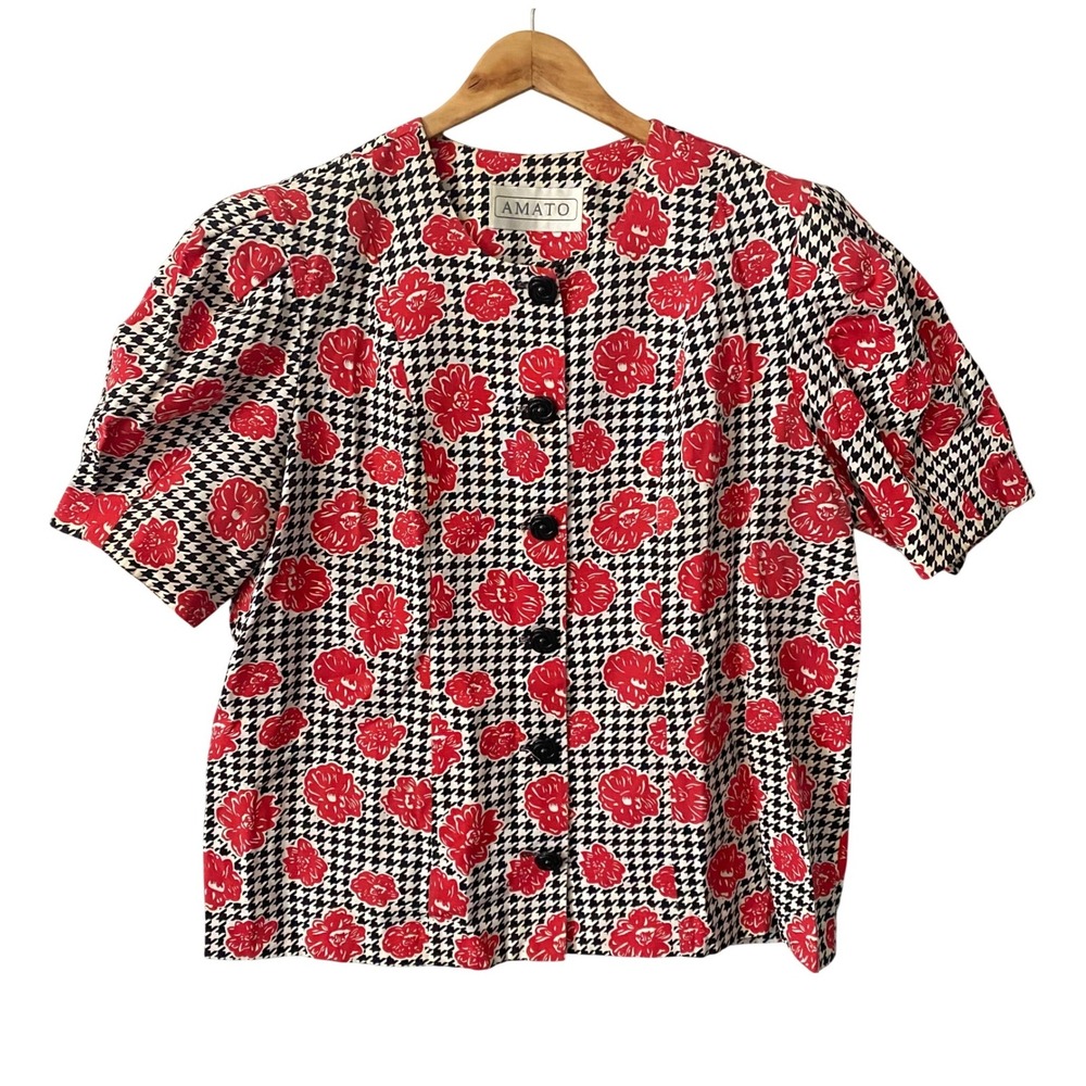 Amato Vintage Red Floral Houndstooth Puff Sleeve Button Front Blouse‎ Size 16